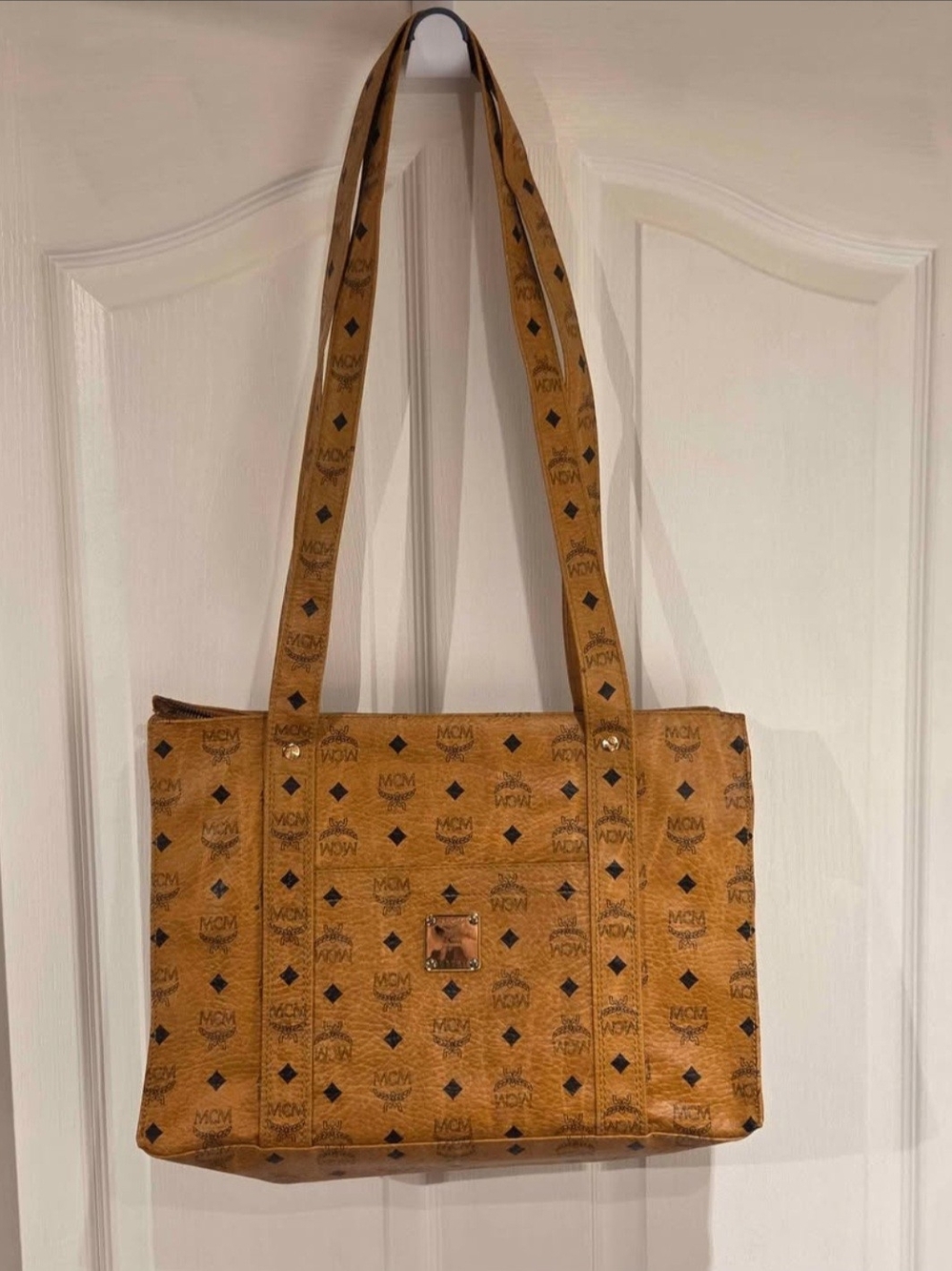 MCM Cognac Monogram Canvas Tote with Black Logo Accents